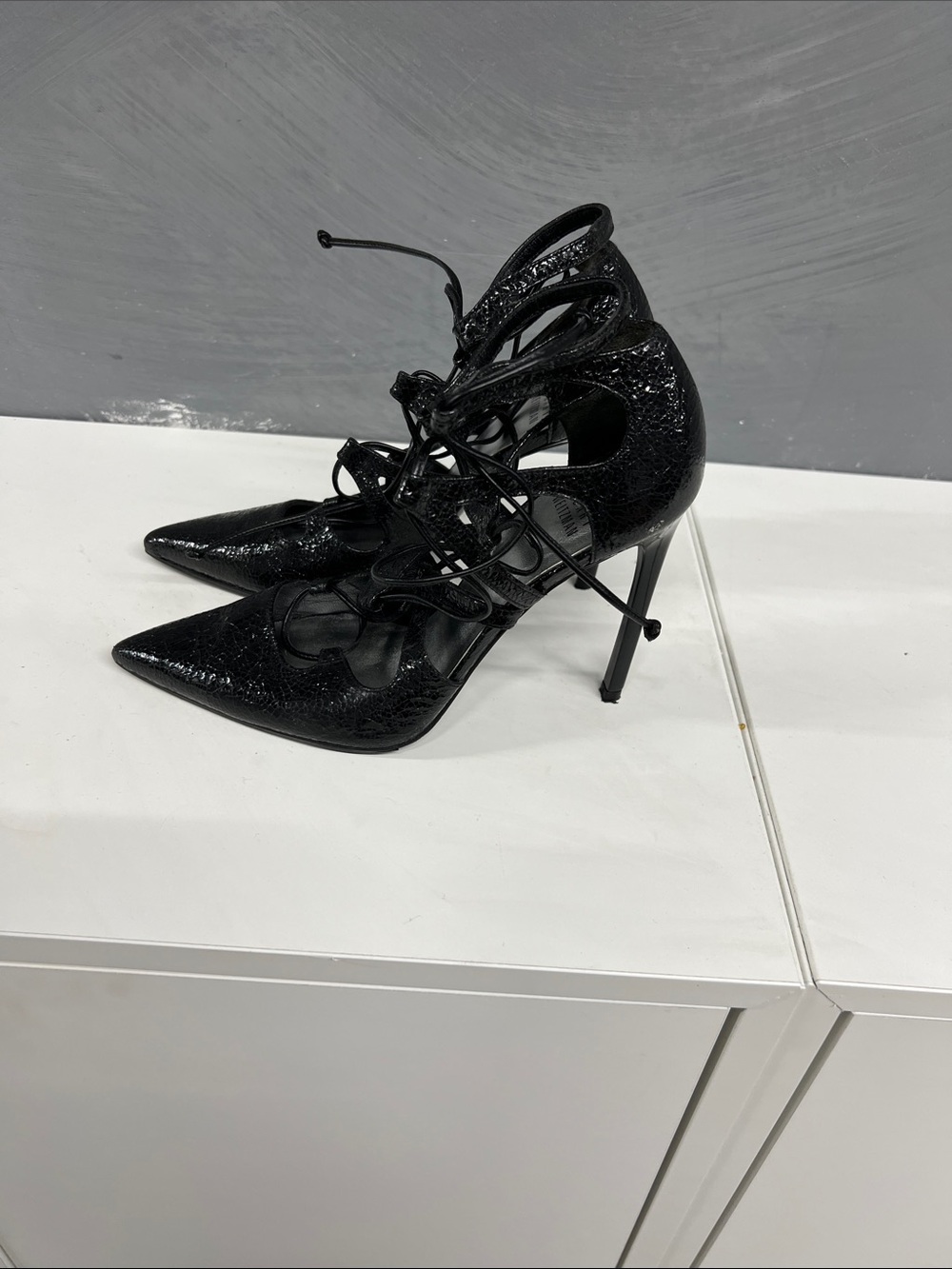 Stuart Weitzman Black Patent Lace-Up Pointed Stiletto Heels